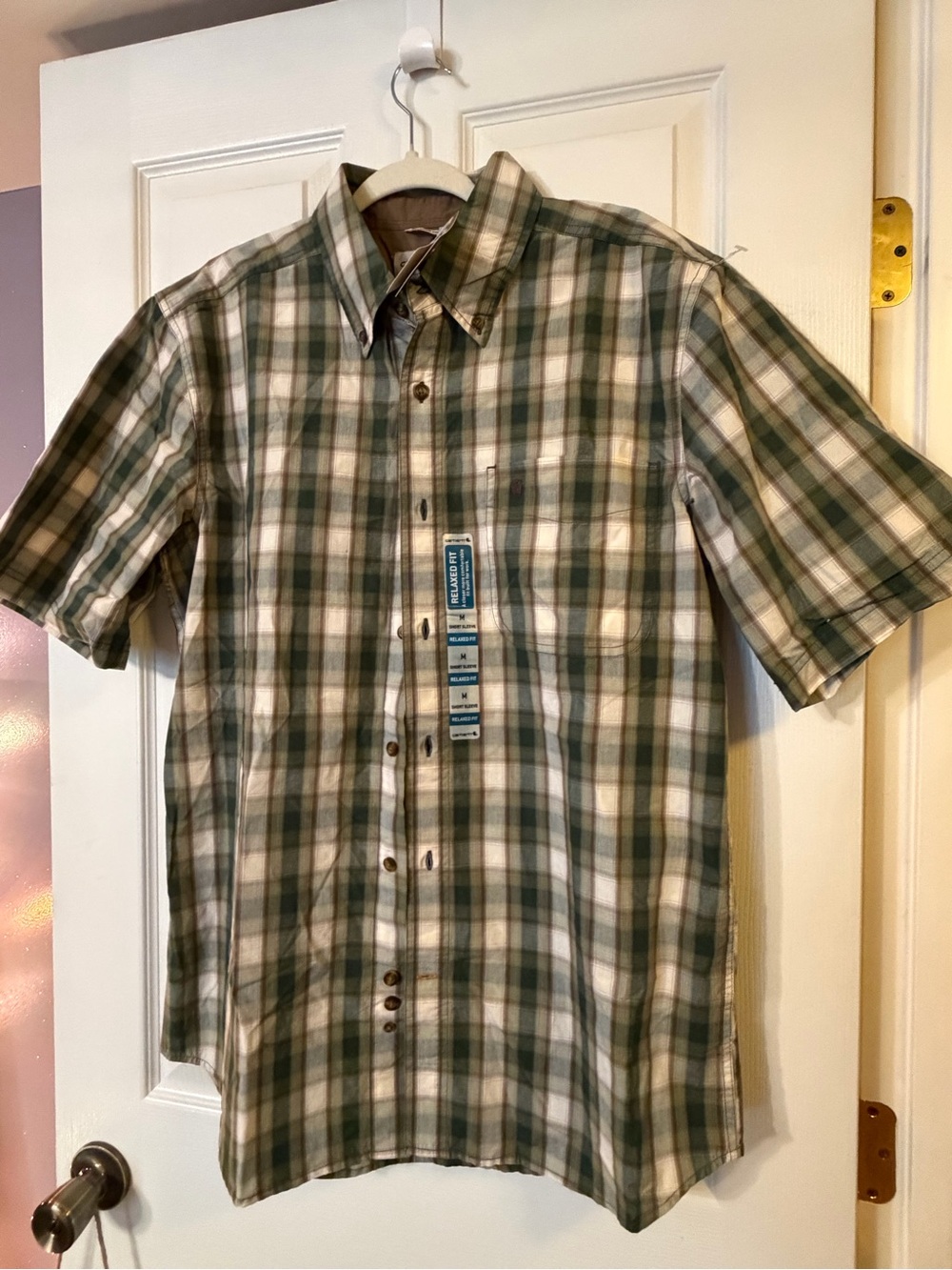 Carhartt Men's Woven Cotton Plaid Button-Up Shirt Green Multi Relaxed Fit M